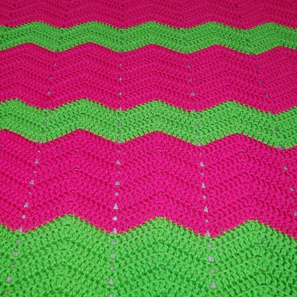 Handmade Crochet Blanket Unisex 49x68 Pink Green Chevron Ripple Afghan